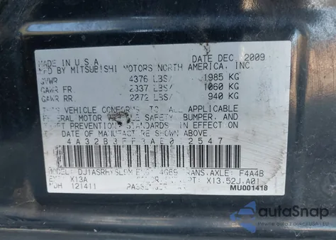 2010 Mitsubishi Galant Es/Se из США, поврежденный, VIN 4A32B3FF3AE012547